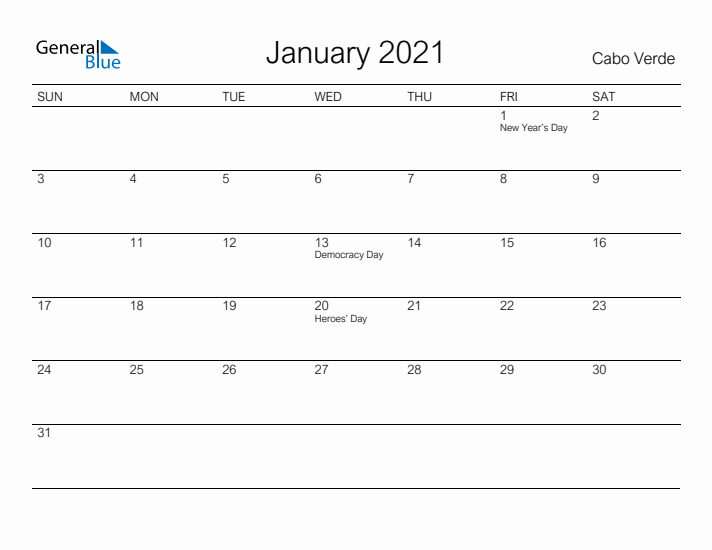 Printable January 2021 Calendar for Cabo Verde