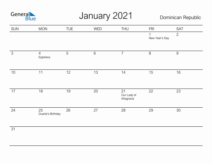 Printable January 2021 Calendar for Dominican Republic