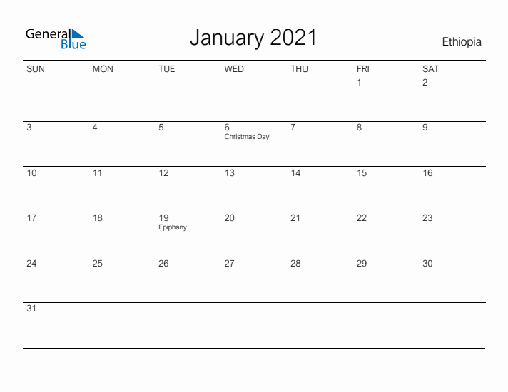 Printable January 2021 Calendar for Ethiopia