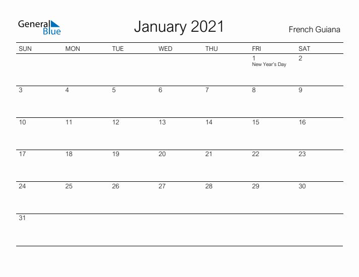 Printable January 2021 Calendar for French Guiana