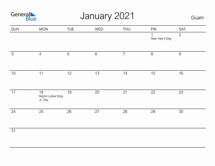 Printable January 2021 Calendar for Guam