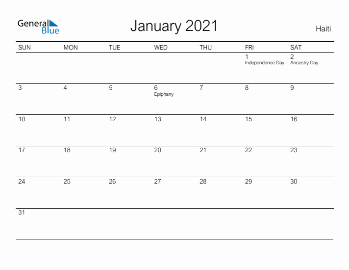 Printable January 2021 Calendar for Haiti