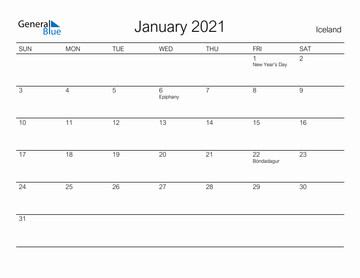 Printable January 2021 Calendar for Iceland