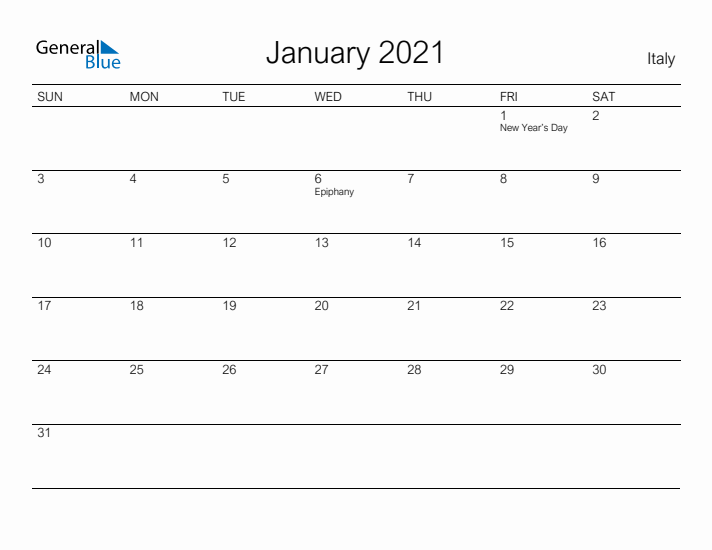 Printable January 2021 Calendar for Italy