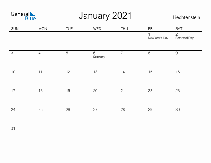 Printable January 2021 Calendar for Liechtenstein