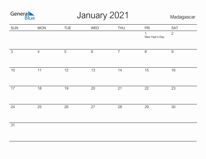 Printable January 2021 Calendar for Madagascar