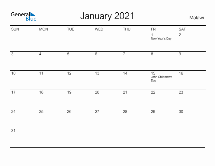 Printable January 2021 Calendar for Malawi