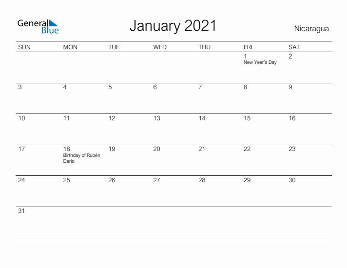 Printable January 2021 Calendar for Nicaragua