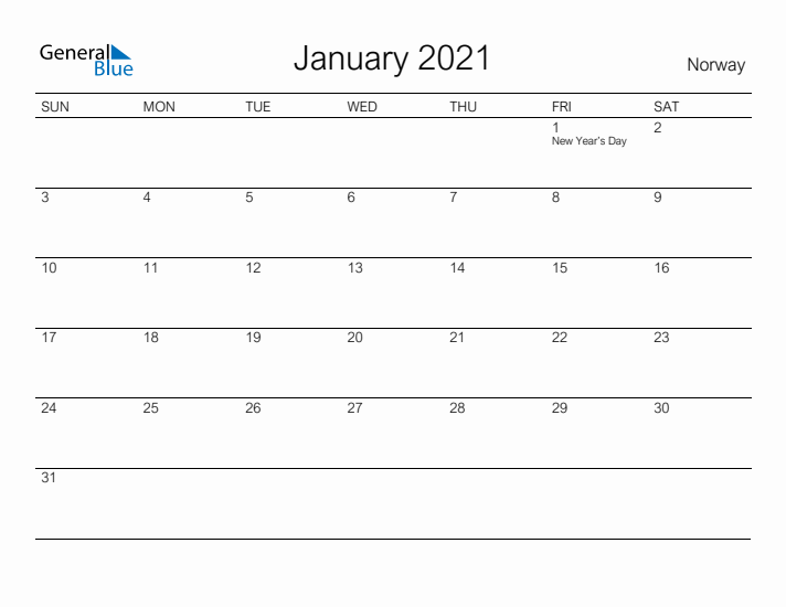 Printable January 2021 Calendar for Norway
