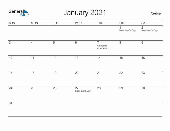 Printable January 2021 Calendar for Serbia
