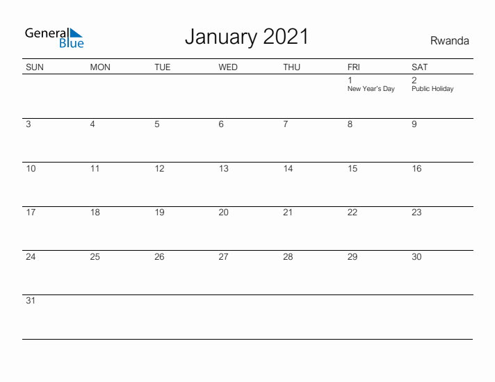 Printable January 2021 Calendar for Rwanda