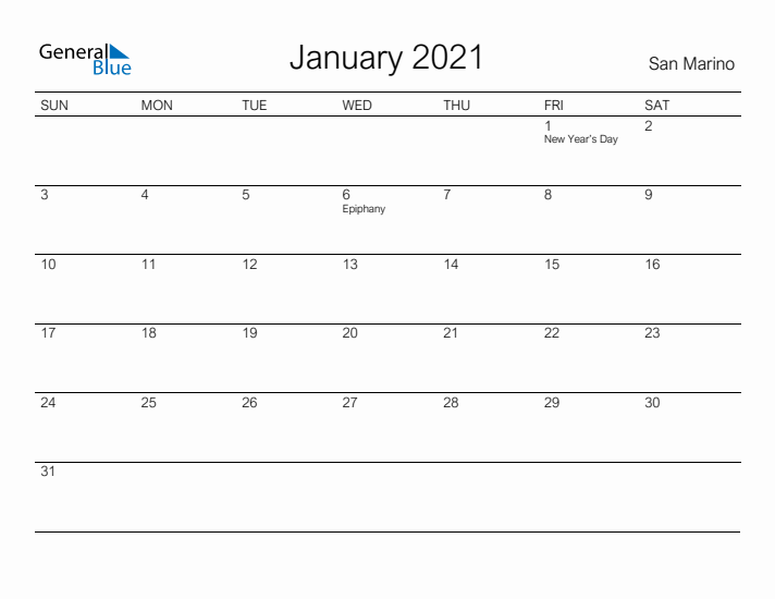 Printable January 2021 Calendar for San Marino