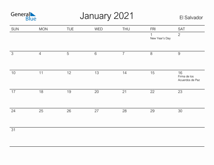 Printable January 2021 Calendar for El Salvador