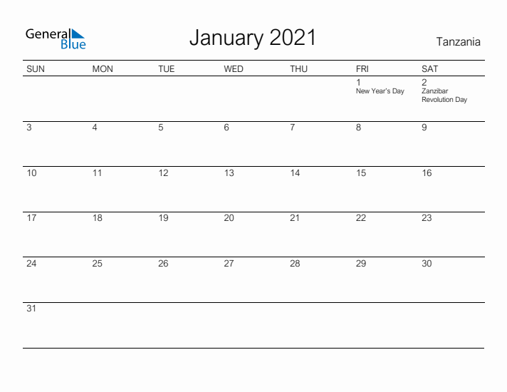 Printable January 2021 Calendar for Tanzania