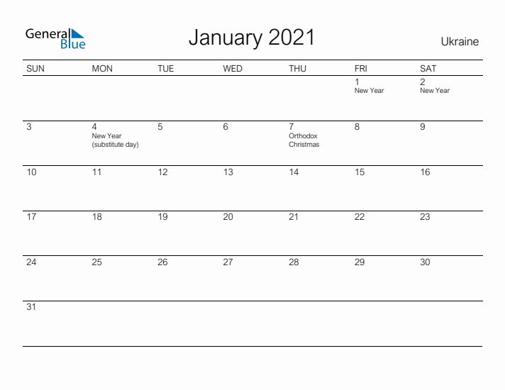 Printable January 2021 Calendar for Ukraine