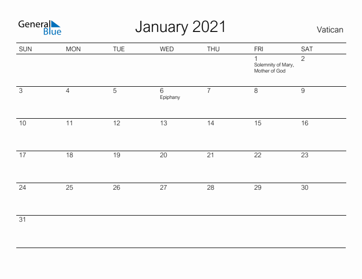 Printable January 2021 Calendar for Vatican