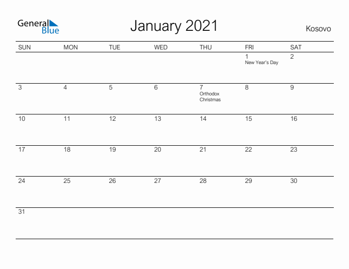 Printable January 2021 Calendar for Kosovo