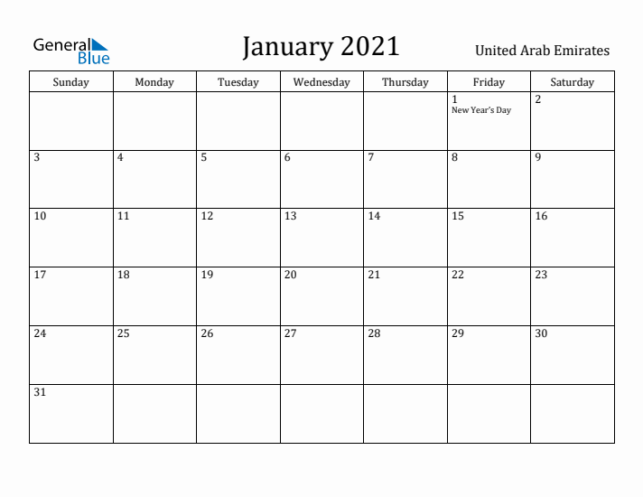 January 2021 Calendar United Arab Emirates