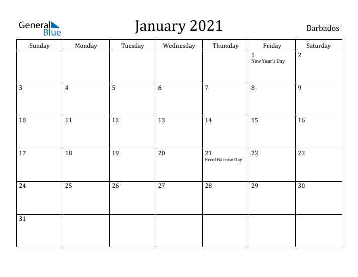 January 2021 Calendar Barbados