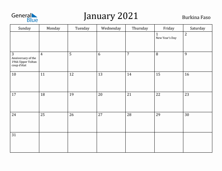 January 2021 Calendar Burkina Faso
