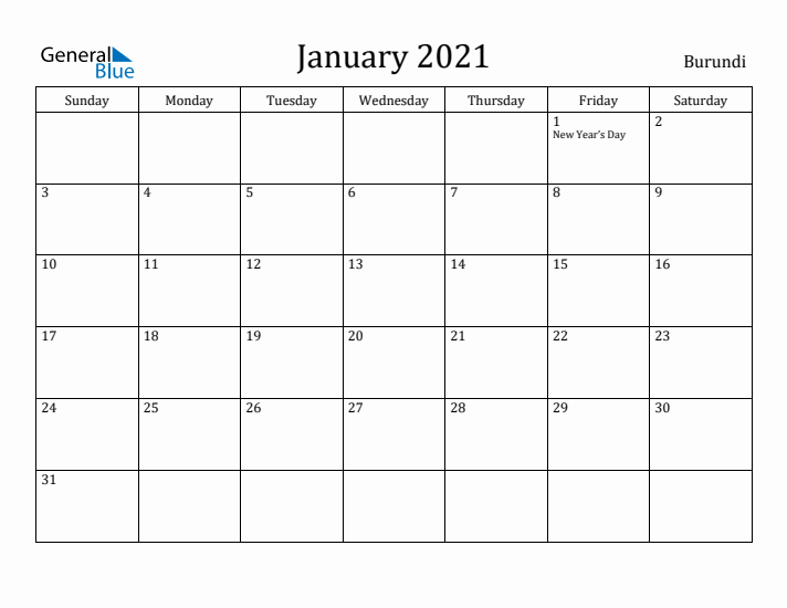 January 2021 Calendar Burundi
