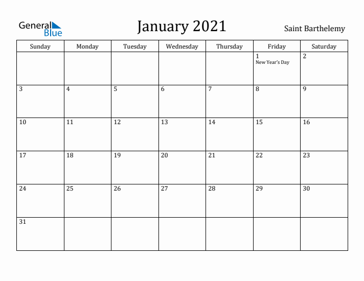 January 2021 Calendar Saint Barthelemy