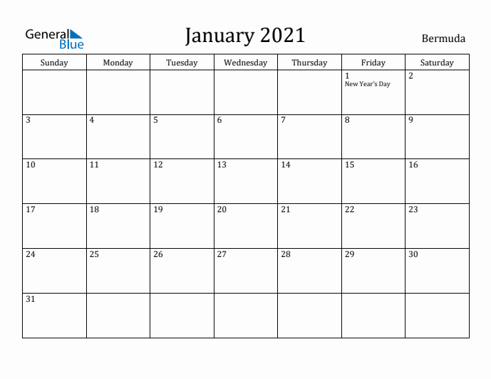 January 2021 Calendar Bermuda