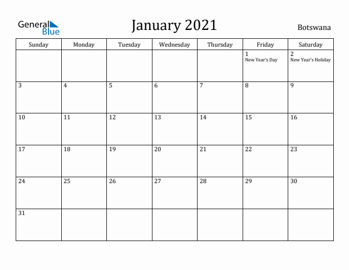 January 2021 Calendar Botswana