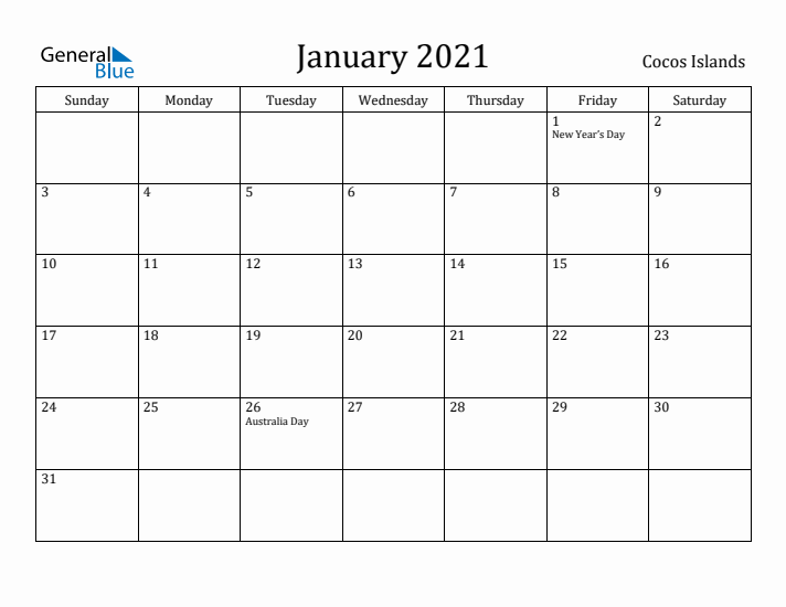 January 2021 Calendar Cocos Islands