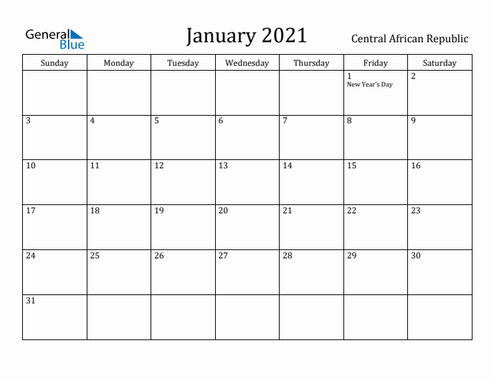 January 2021 Calendar Central African Republic