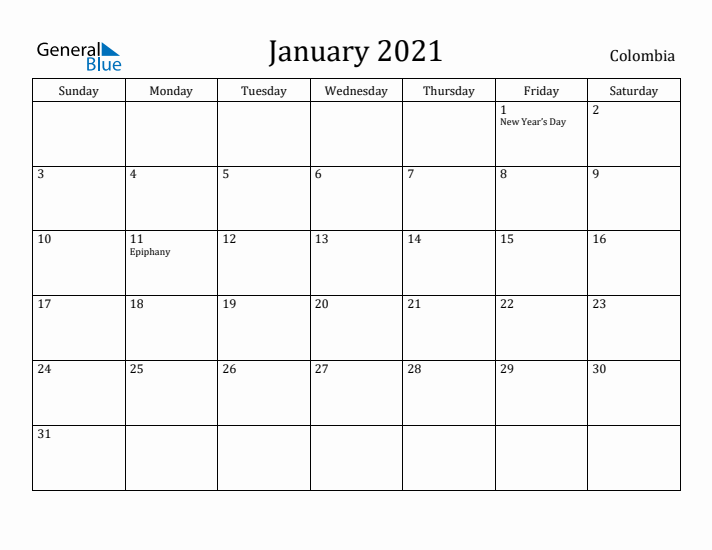 January 2021 Calendar Colombia