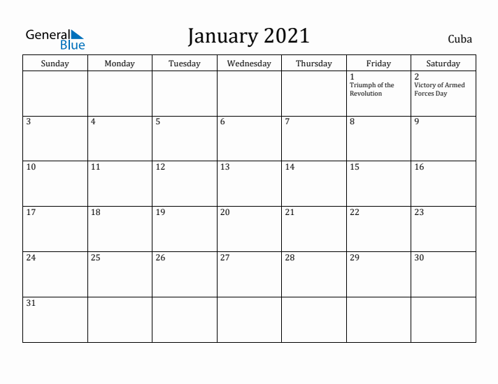 January 2021 Calendar Cuba
