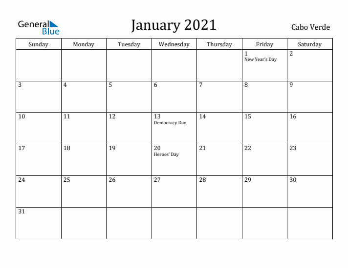 January 2021 Calendar Cabo Verde