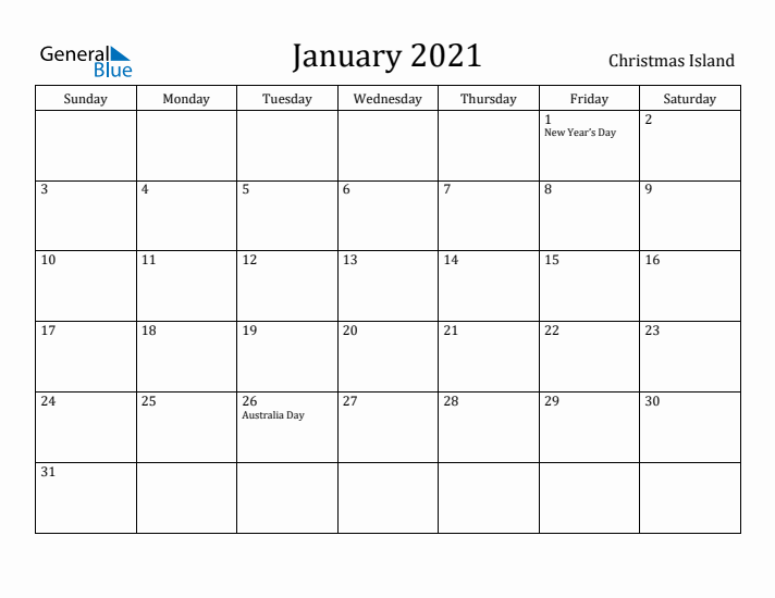 January 2021 Calendar Christmas Island