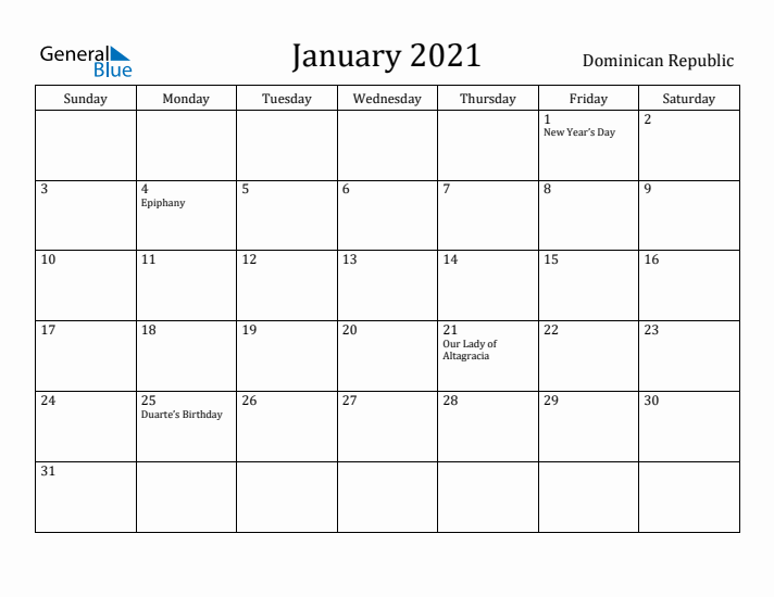 January 2021 Calendar Dominican Republic