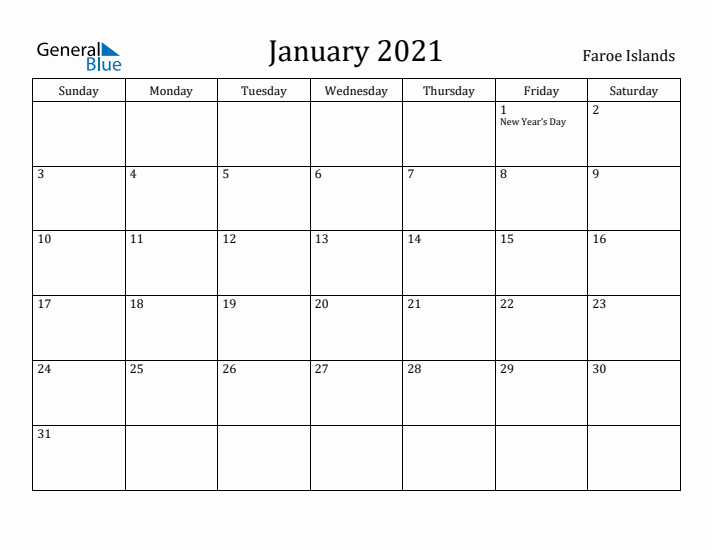 January 2021 Calendar Faroe Islands