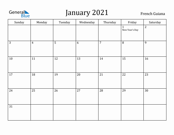January 2021 Calendar French Guiana