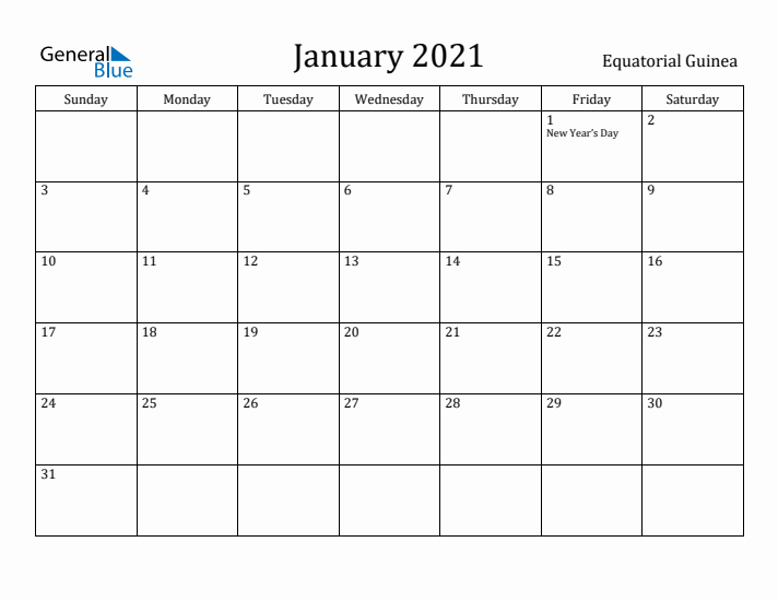 January 2021 Calendar Equatorial Guinea