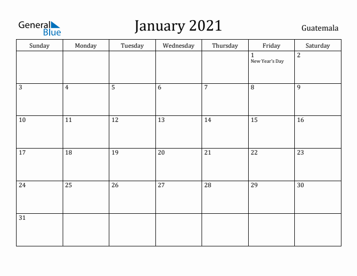 January 2021 Calendar Guatemala