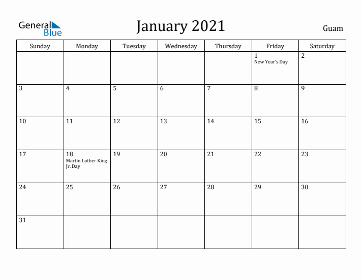 January 2021 Calendar Guam