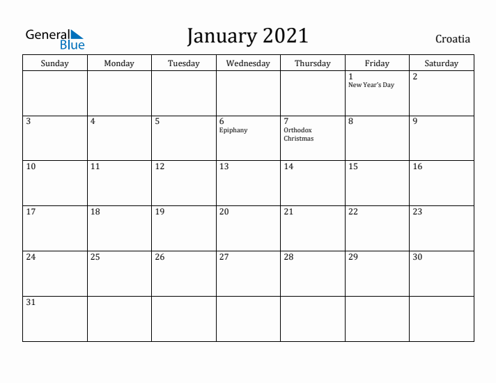 January 2021 Calendar Croatia