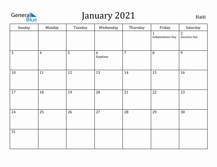 January 2021 Calendar Haiti