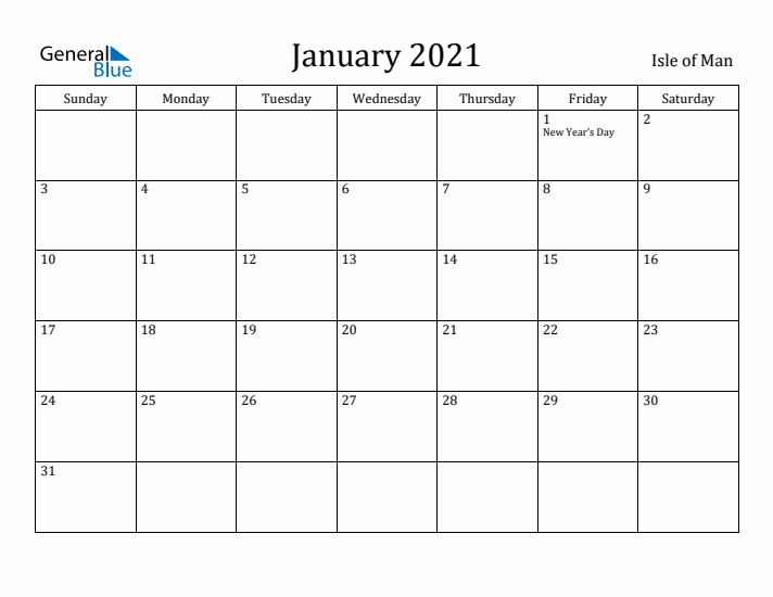 January 2021 Calendar Isle of Man