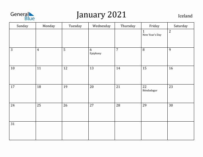 January 2021 Calendar Iceland