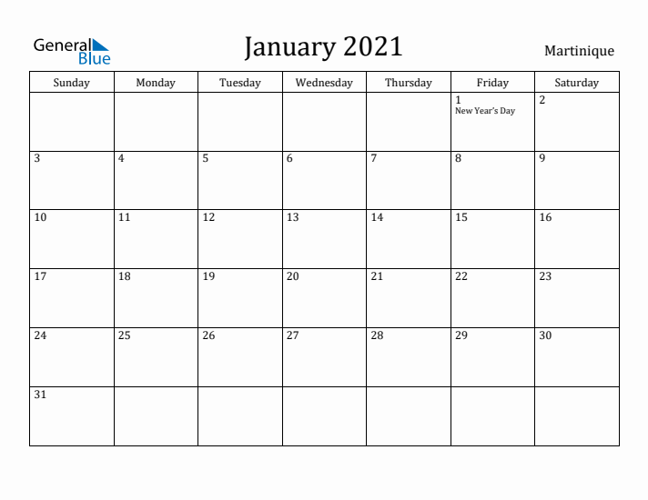 January 2021 Calendar Martinique