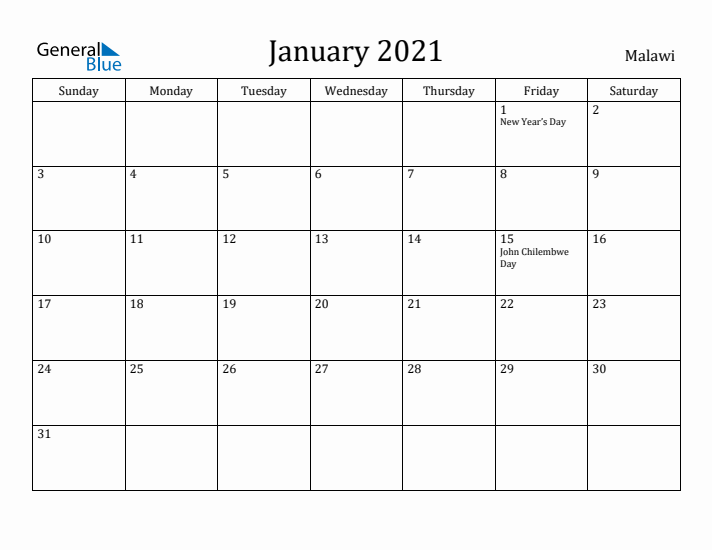 January 2021 Calendar Malawi