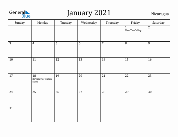 January 2021 Calendar Nicaragua