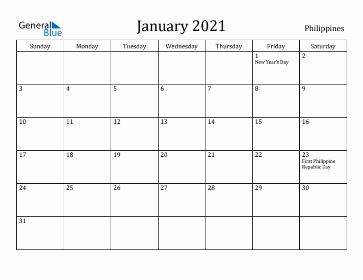January 2021 Calendar Philippines