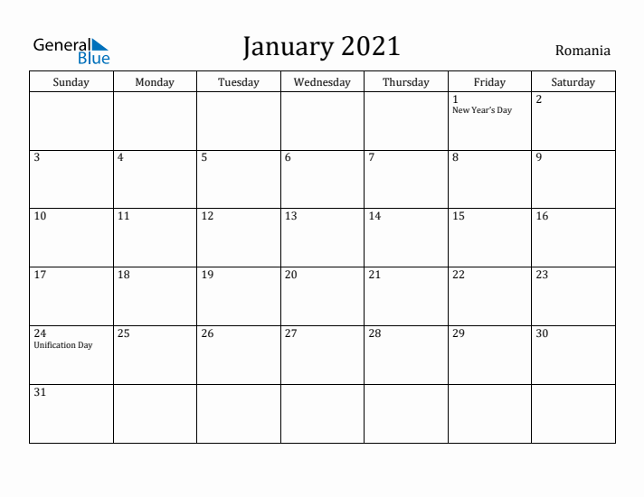 January 2021 Calendar Romania