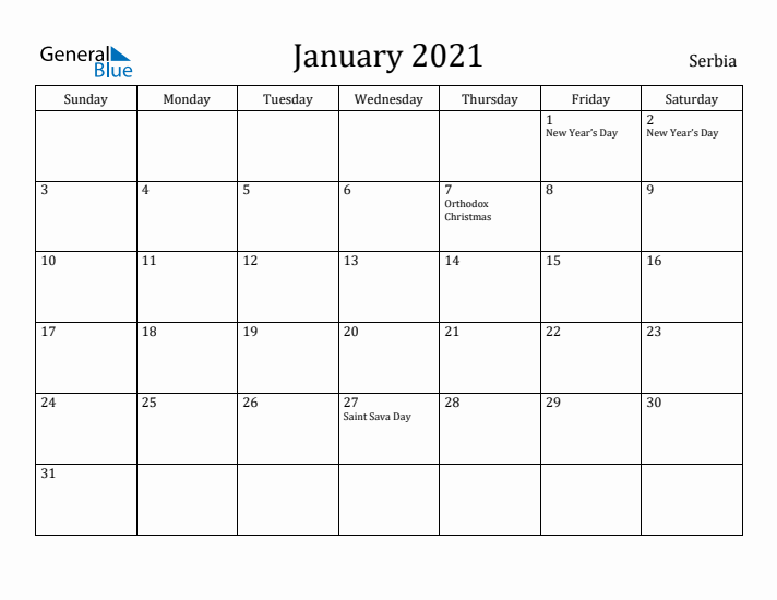 January 2021 Calendar Serbia